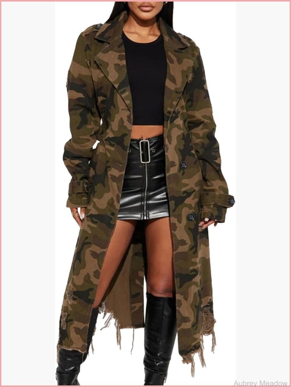 Camo Long Trench Coat with Belt Distressed Tassel Notched Lapel
